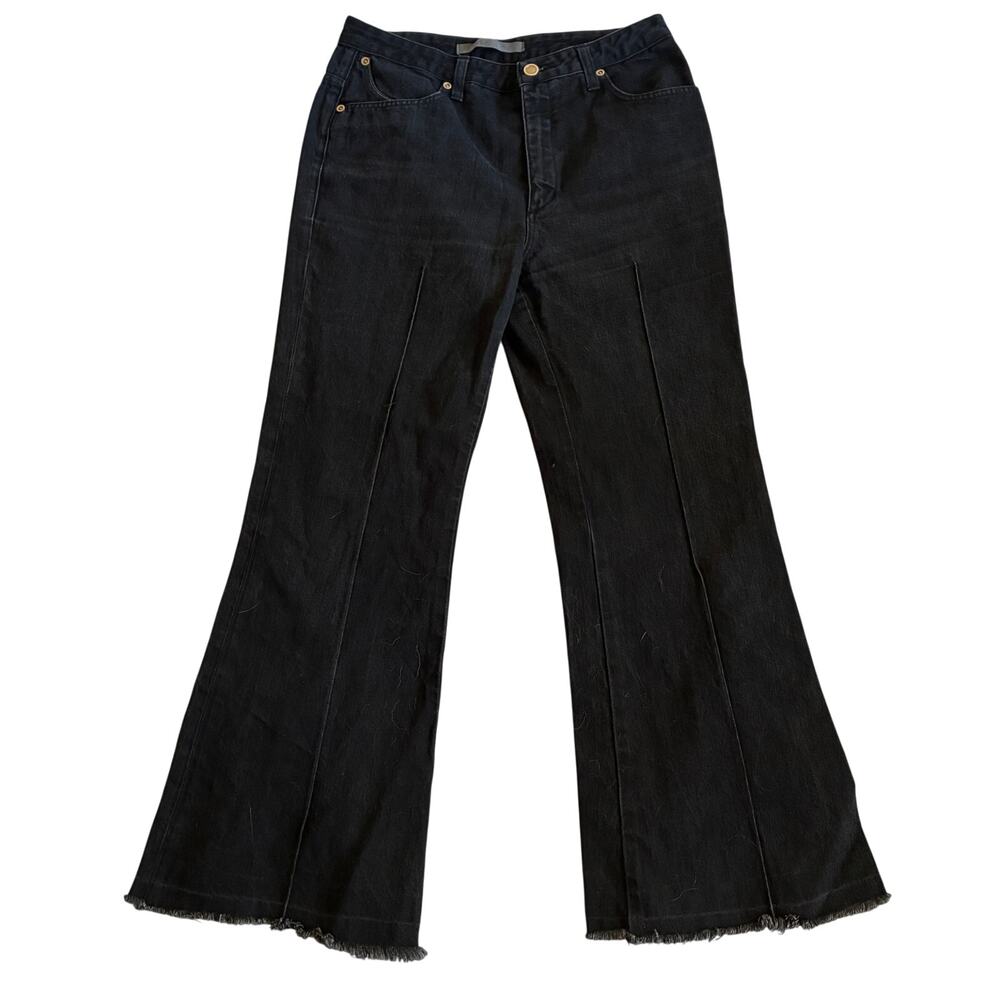 Superfine Jeans Womens 31 Black Selvedge Flare Leg High Rise Raw Hem Crop Italy